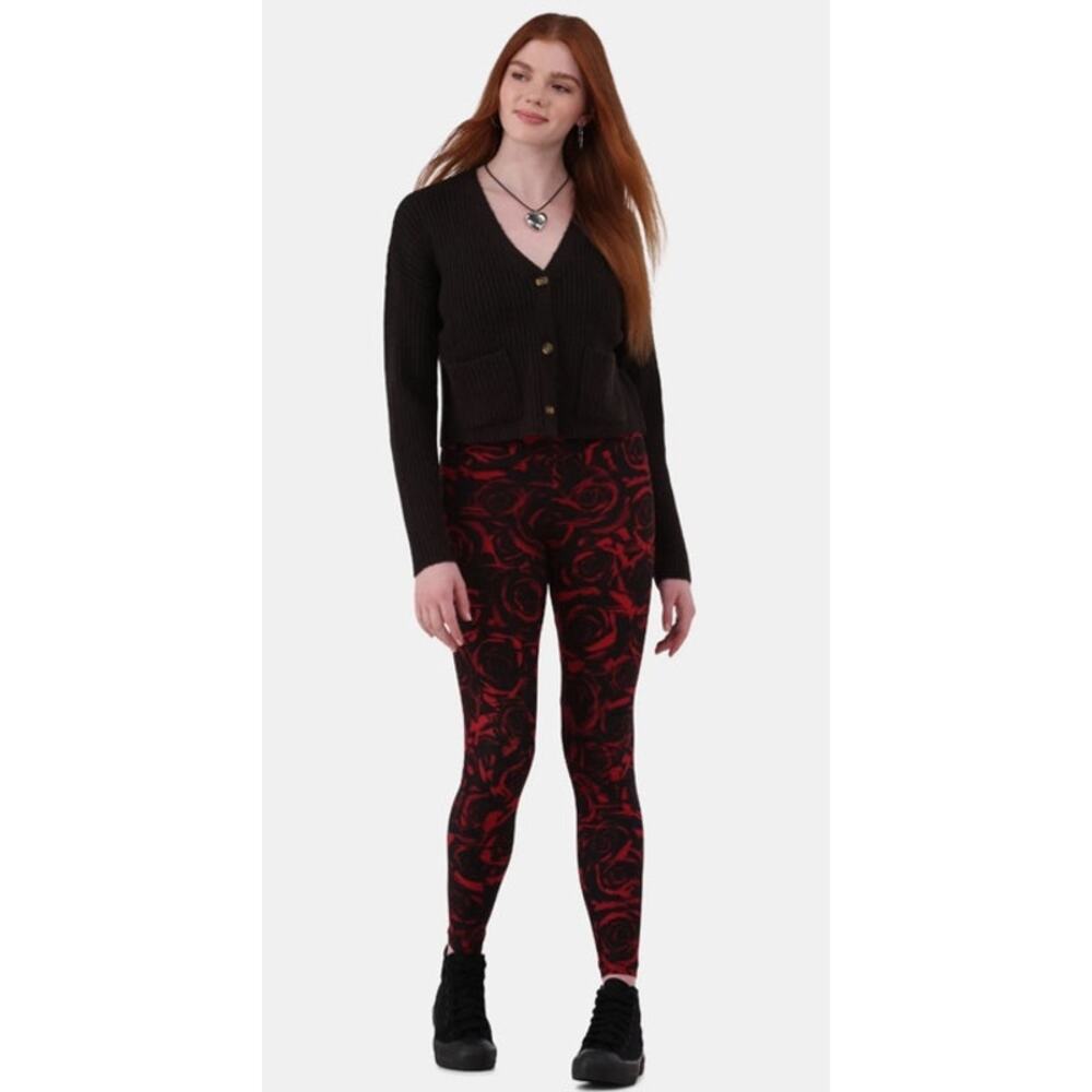 No Boundaries Women's Soft  Sueded Black Red‎ Leggings Red Roses Size S/M NEW